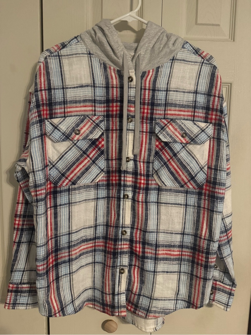 Natural Reflections Red, Blue & White Plaid Button-Down Hooded Shirt